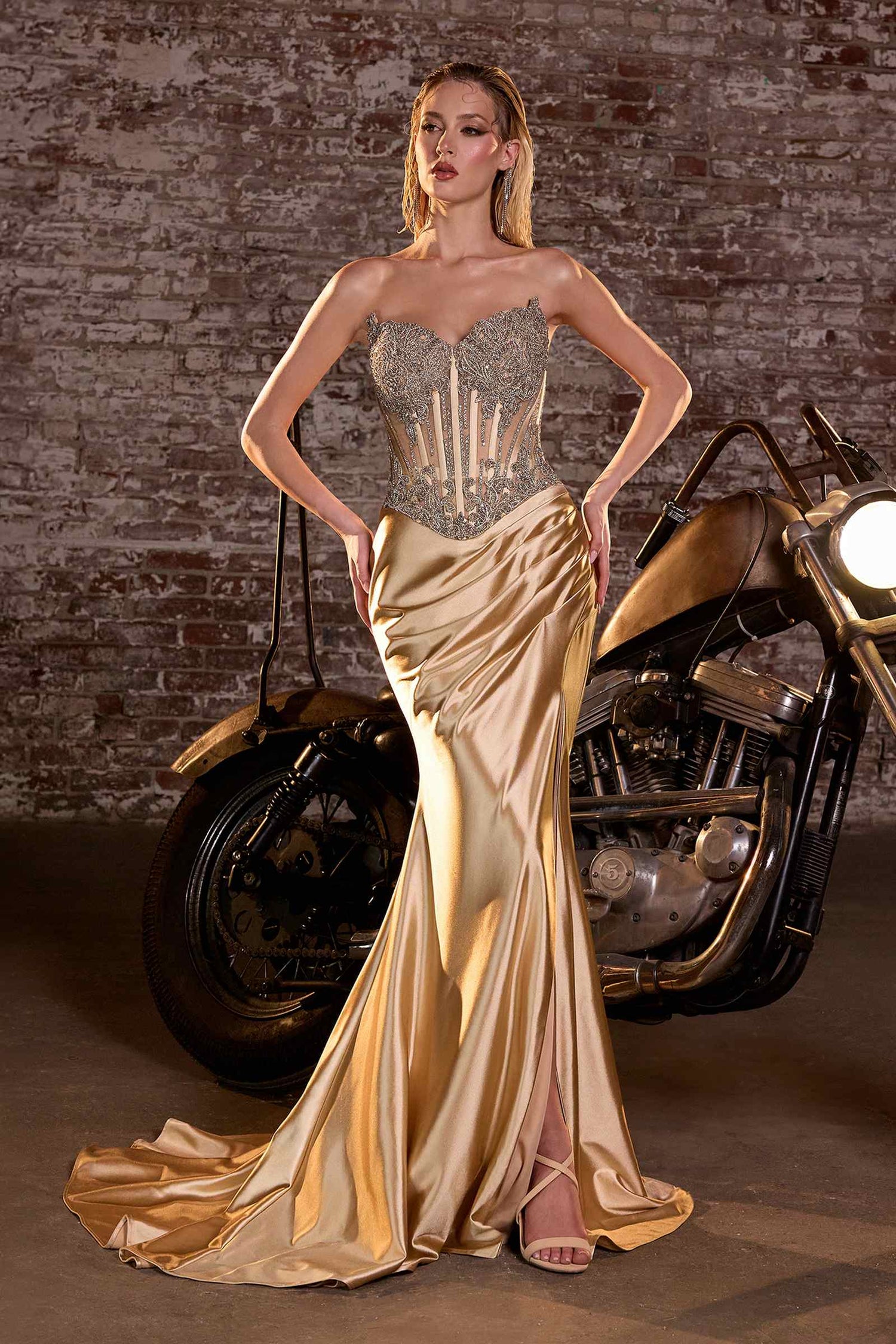 Ladivine CD736 Dress Crystal Strapless Fitted Satin Gown by DiscountDressShop