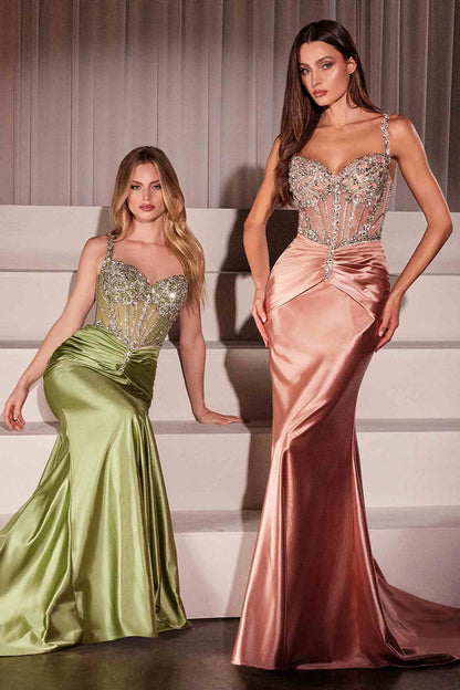 Ladivine CD757 Dress Crystal Embellished Fitted Satin Gown by DiscountDressShop