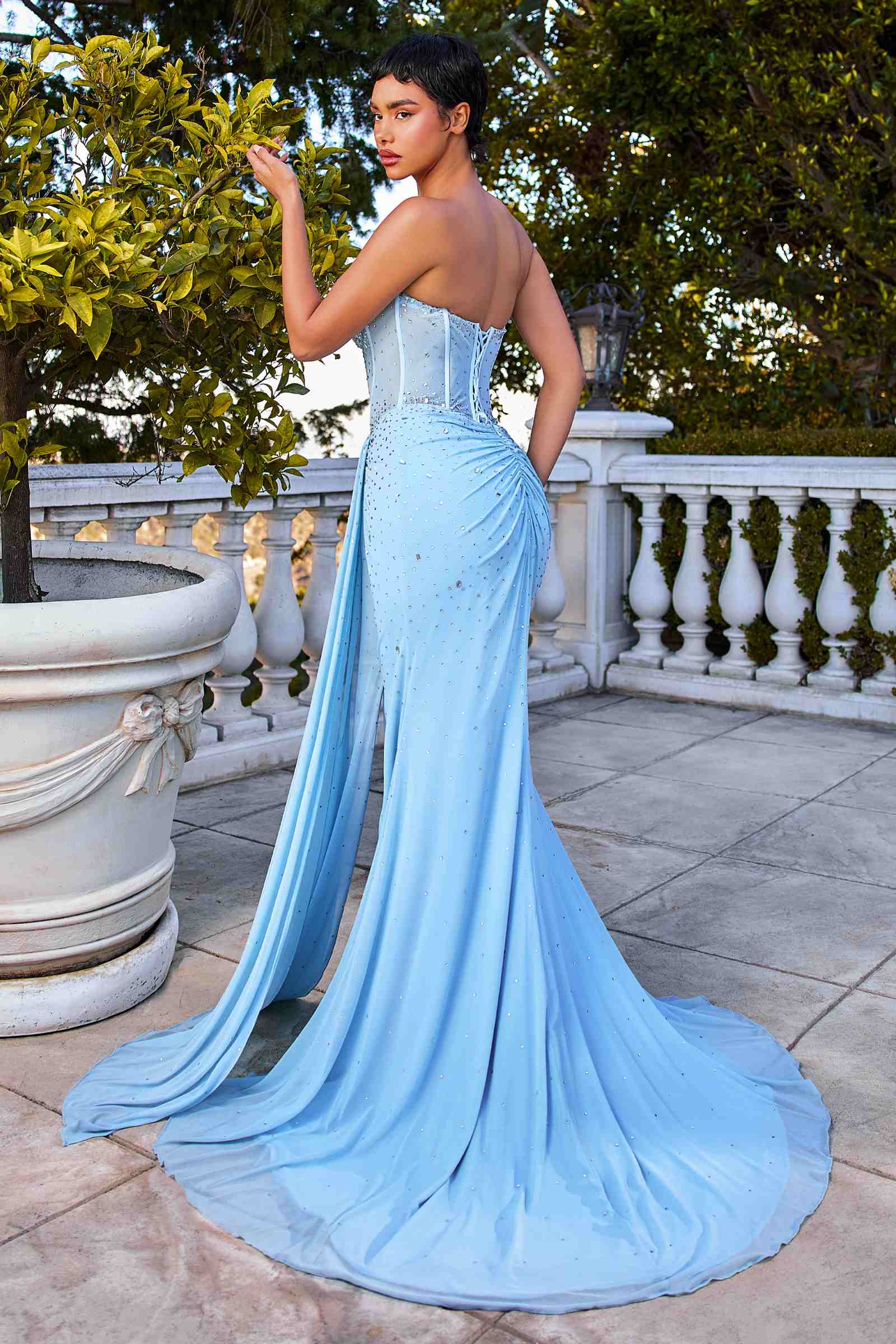 Ladivine CD770 Fitted Strapless Stretch Net Rhinestone Scattered Dress by DiscountDressShop