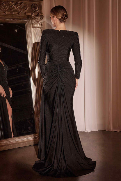 Ladivine CD788 Dress Long Sleeve Stretch Satin Embellished Gown by DiscountDressShop