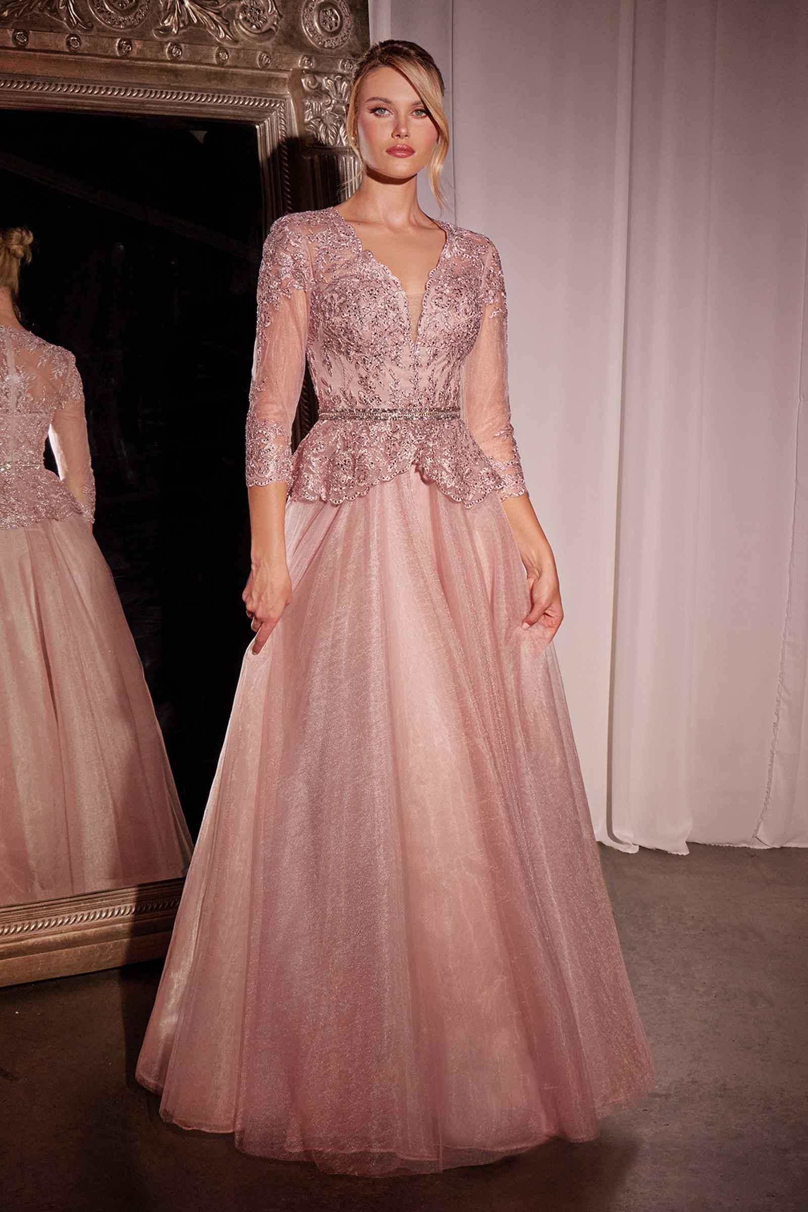 Ladivine CD789 Dress Three Quarter Sleeve Lace &amp; Tulle A-Line Gown by DiscountDressShop
