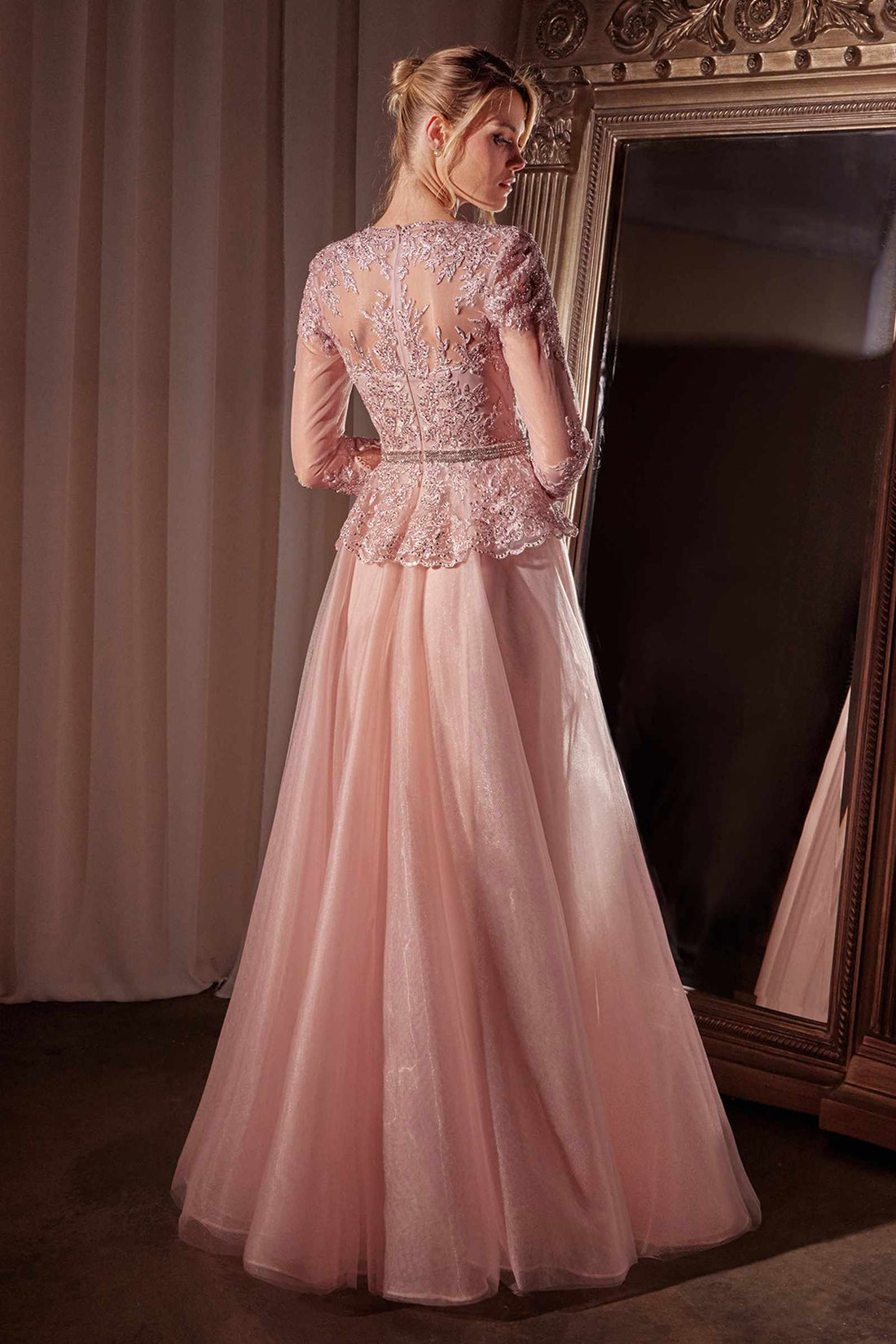 Ladivine CD789 Dress Three Quarter Sleeve Lace &amp; Tulle A-Line Gown by DiscountDressShop