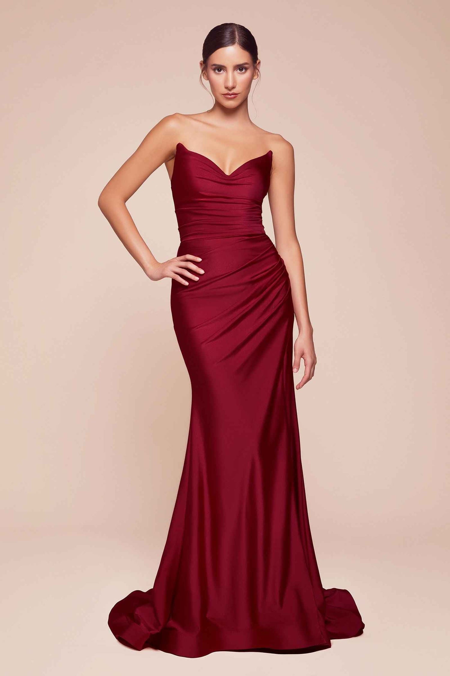 CLEARANCE - Ladivine CD791 Dress Strapless Stretch Satin Fitted Dusty Rose Gown (Size 8) by DiscountDressShop