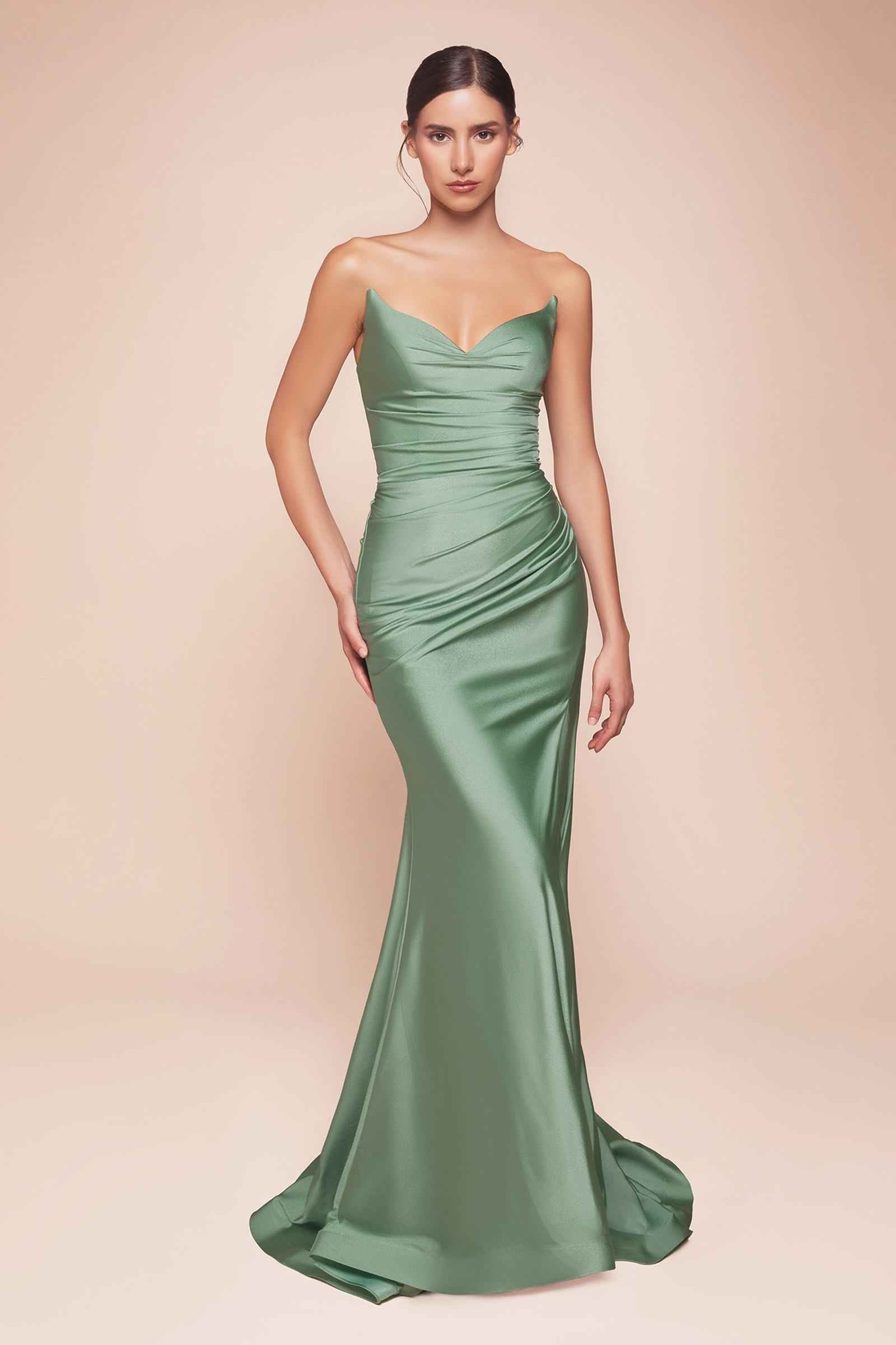Ladivine CD791 Dress Strapless Stretch Satin Fitted Gown with Slit by DiscountDressShop