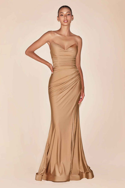 CLEARANCE - Ladivine CD791 Dress Strapless Stretch Satin Fitted Dusty Rose Gown (Size 8) by DiscountDressShop