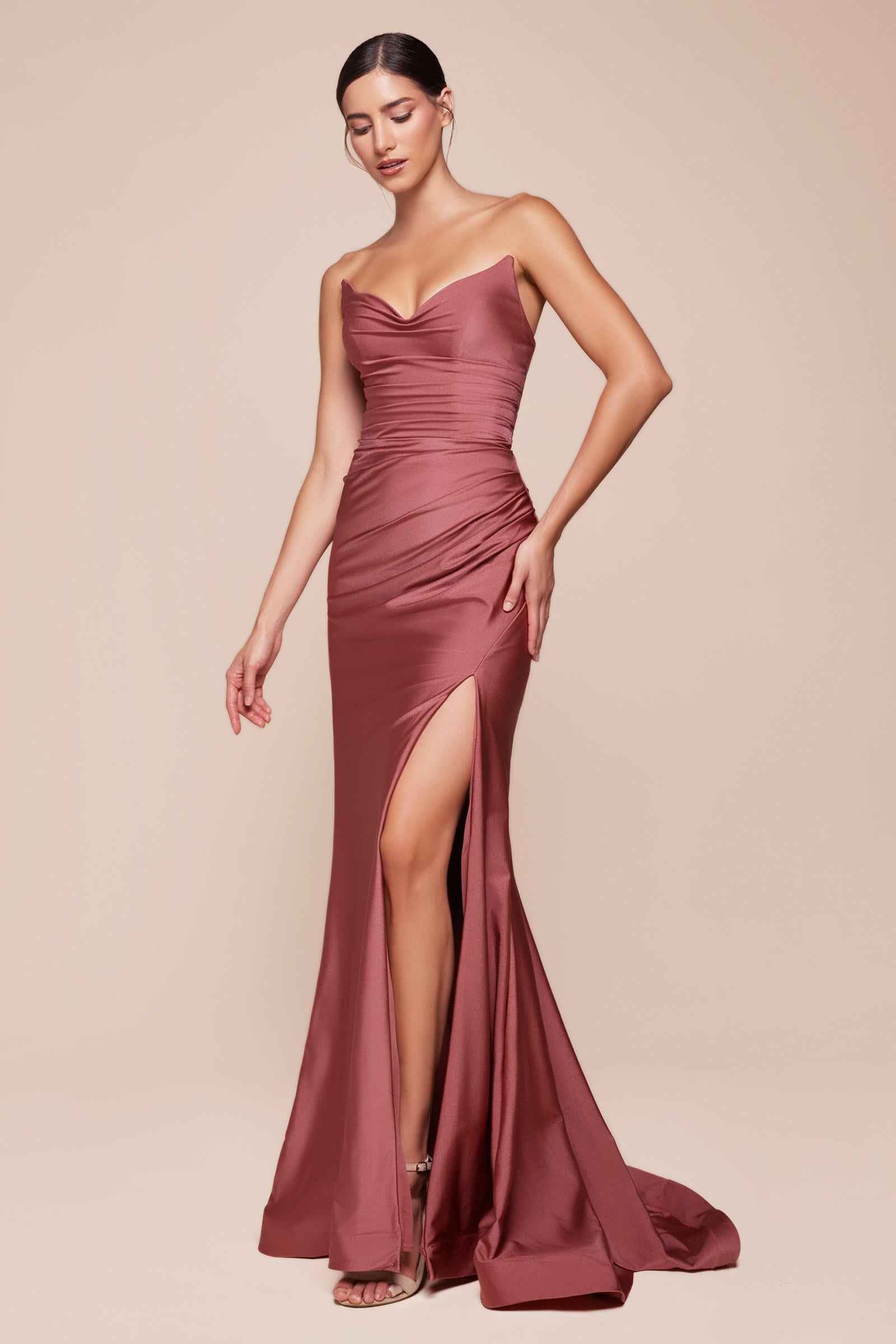 CLEARANCE - Ladivine CD791 Dress Strapless Stretch Satin Fitted Dusty Rose Gown (Size 8) by DiscountDressShop