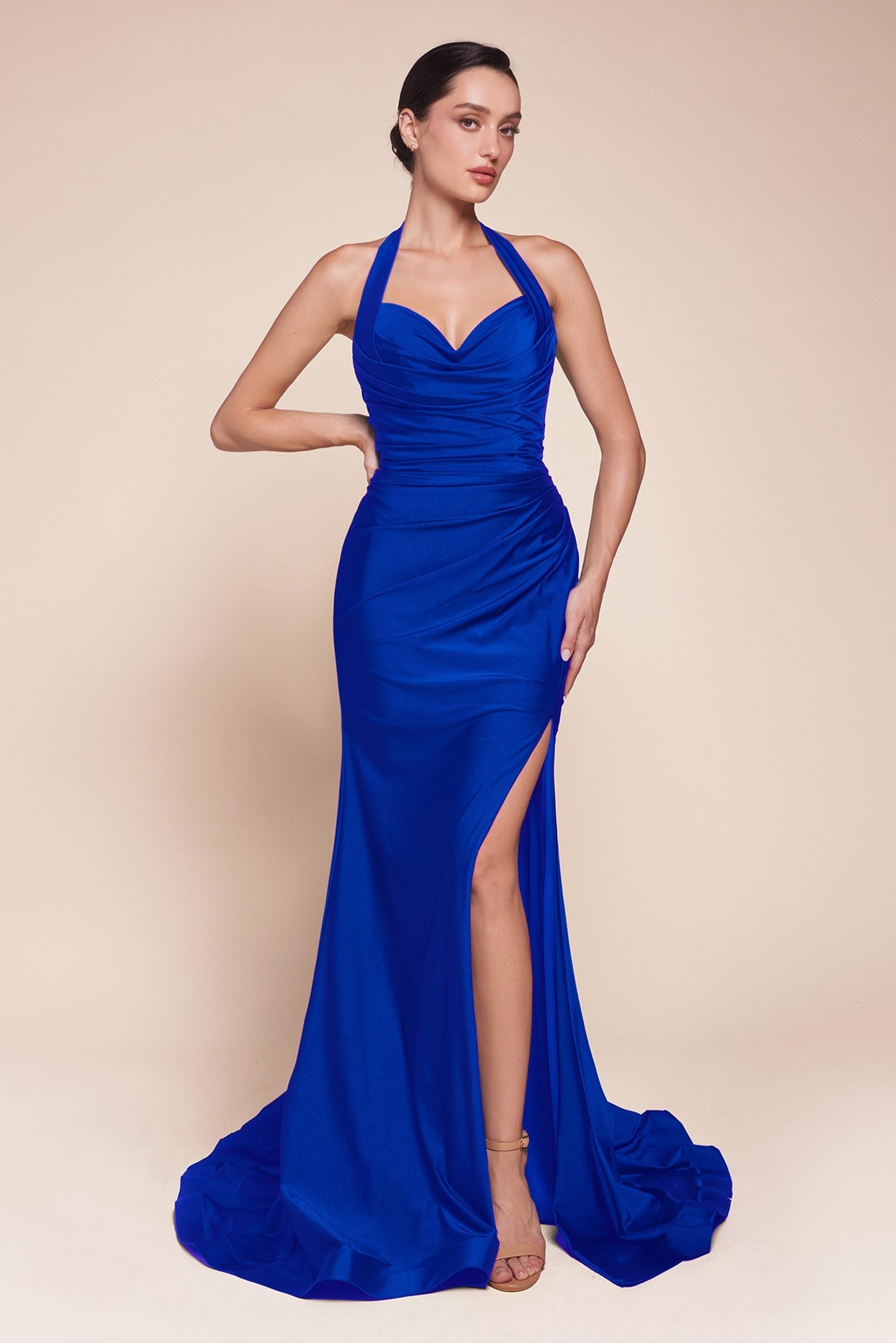 Ladivine CD796C Dress Stretch Satin Halter Fitted Curve Gown by DiscountDressShop