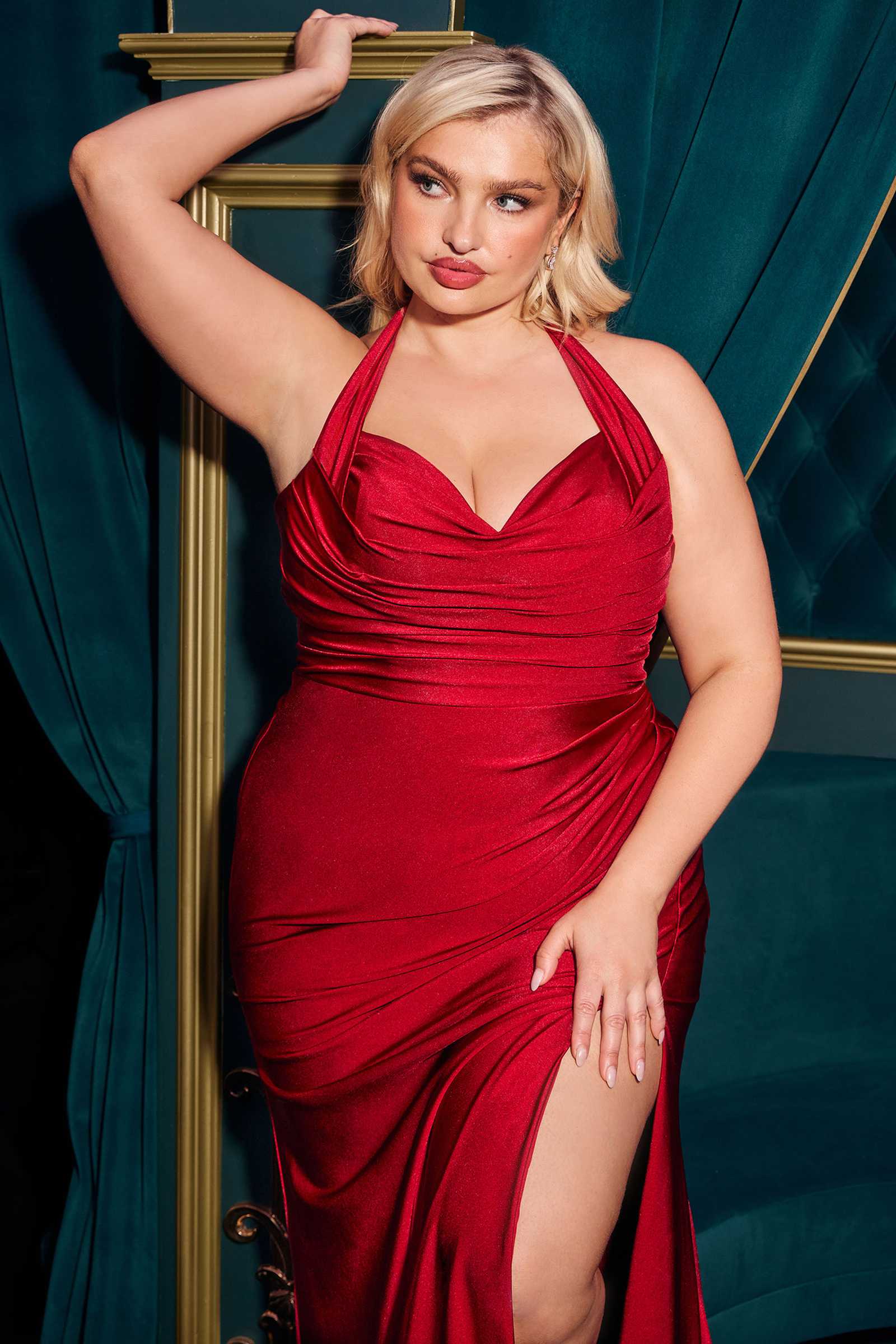 Ladivine CD796C Dress Stretch Satin Halter Fitted Curve Gown by DiscountDressShop