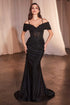 Ladivine CD798 Fitted Satin & Lace Gown With Off The Shoulder Accessory by DiscountDressShop