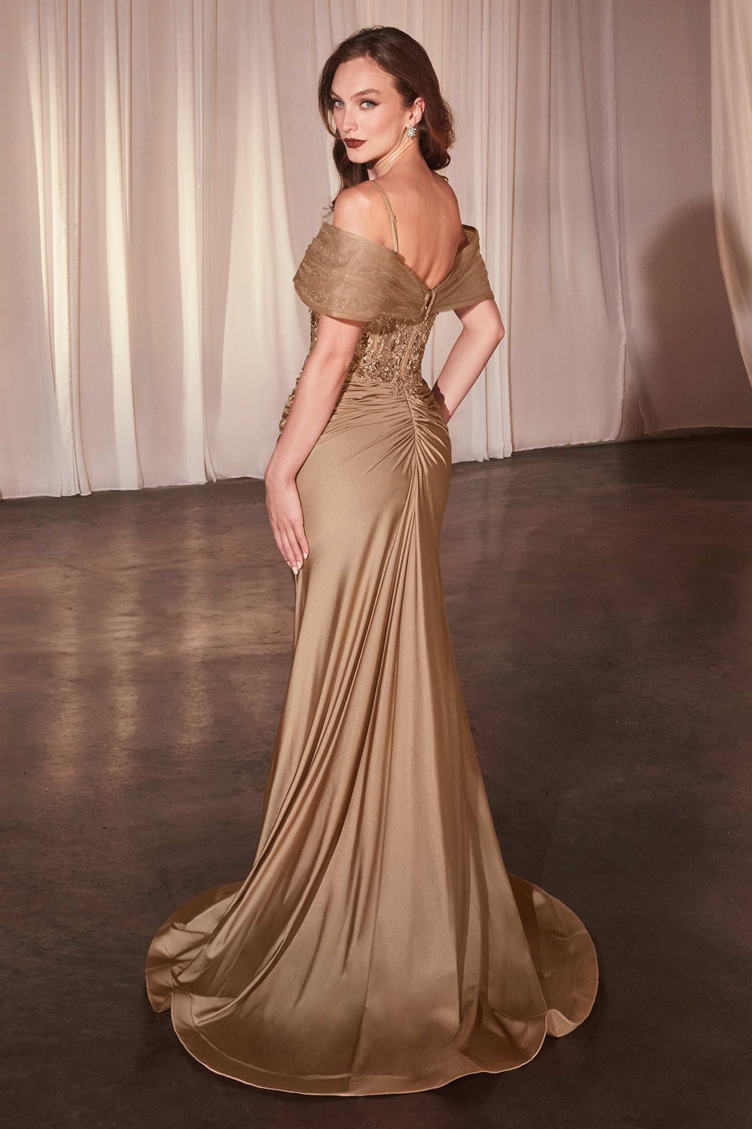 Ladivine CD798 Fitted Satin &amp; Lace Gown With Off The Shoulder Accessory by DiscountDressShop