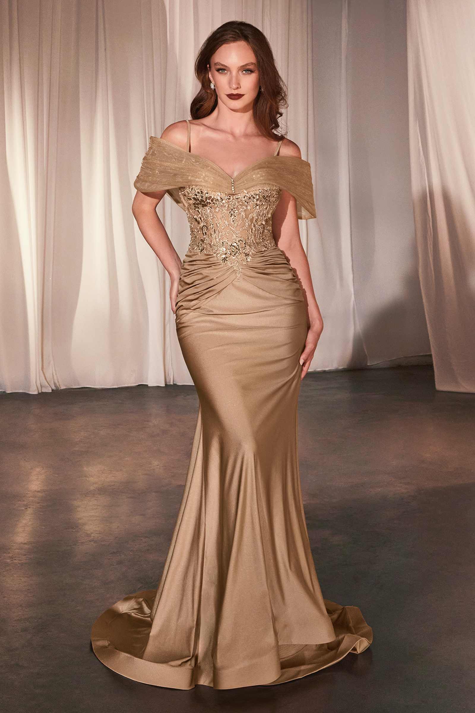 Ladivine CD798 Fitted Satin &amp; Lace Gown With Off The Shoulder Accessory by DiscountDressShop