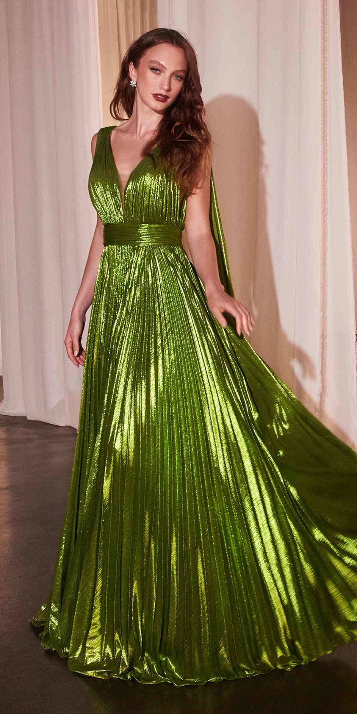 Ladivine CD802 Metallic Pleated A-Line Gown Cape Sash by DiscountDressShop
