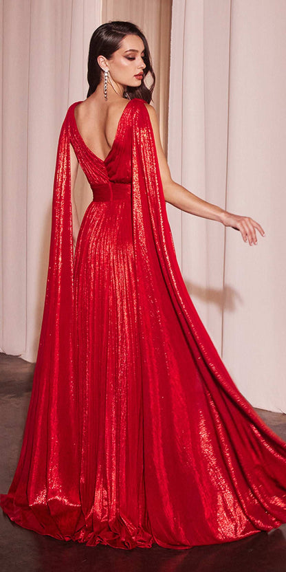 Ladivine CD802 Metallic Pleated A-Line Gown Cape Sash by DiscountDressShop