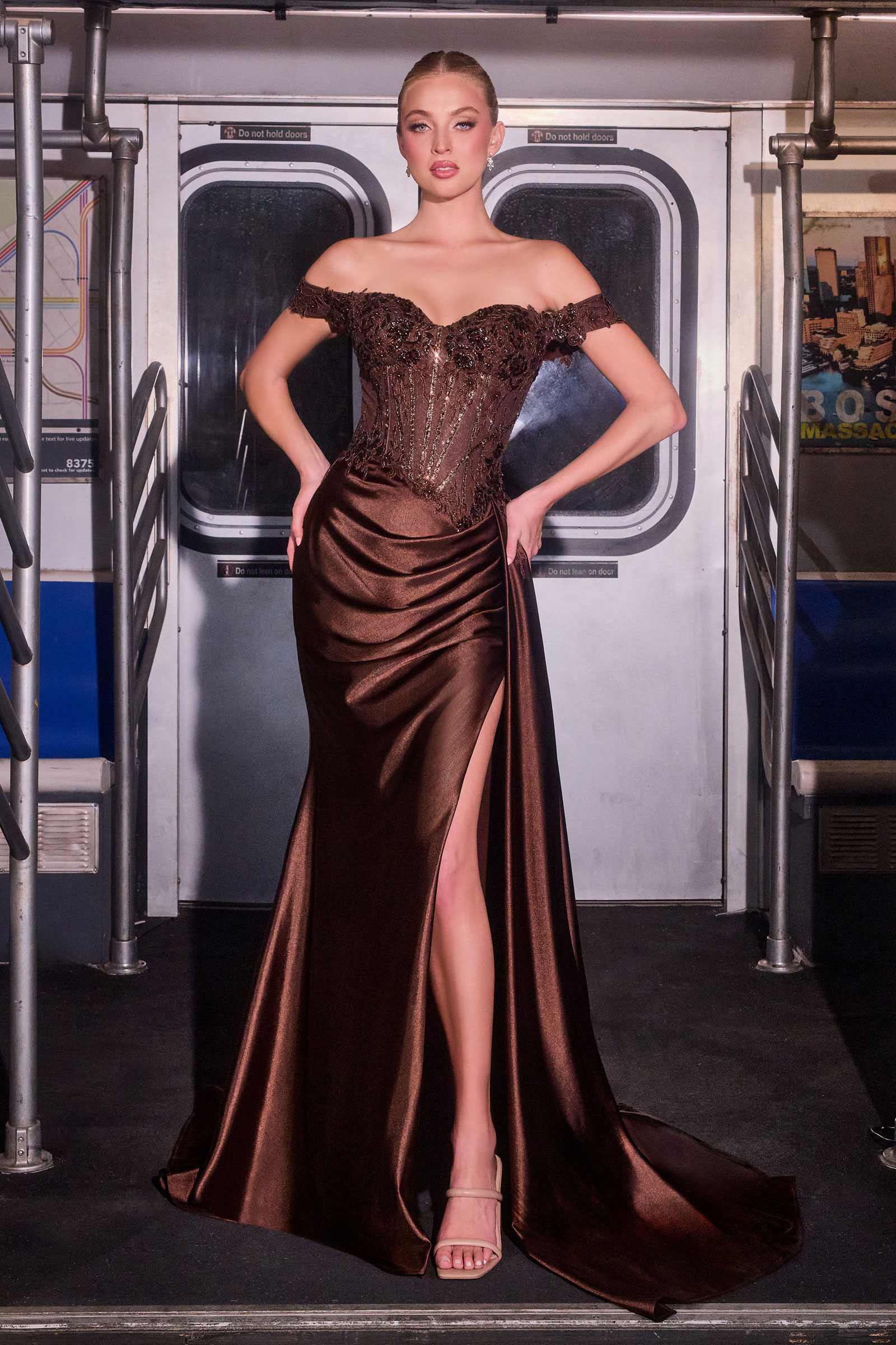 CLEARANCE - Ladivine CD803 Off The Shoulder Lace &amp; Satin Fitted Gown (Size 12) by DiscountDressShop