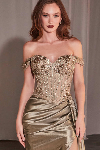 CLEARANCE - Ladivine CD803 Off The Shoulder Lace &amp; Satin Fitted Gown (Size 12) by DiscountDressShop