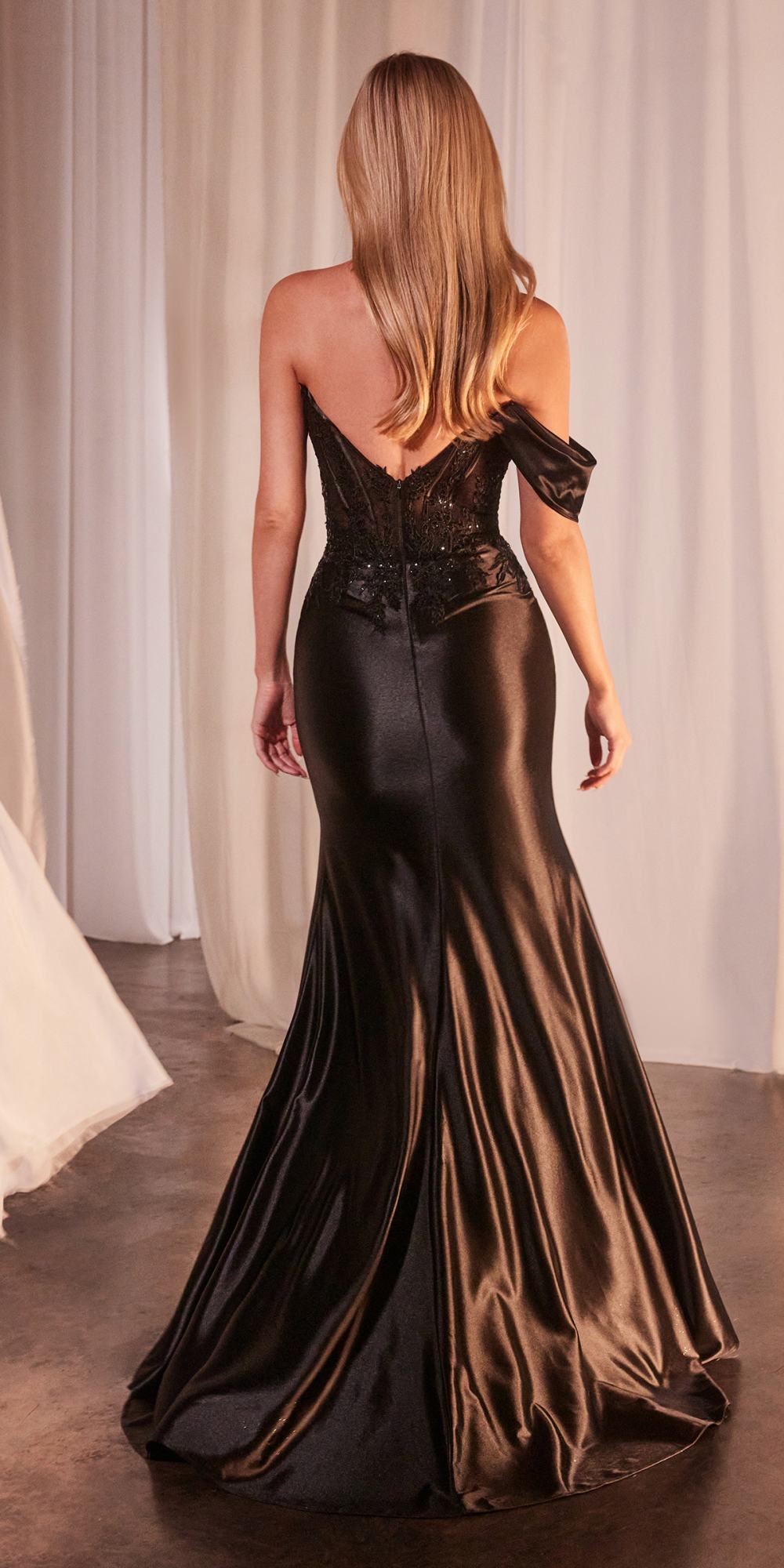 Ladivine CD804 Off Shoulder Lace &amp; Satin Fit &amp; Flare Prom Gown by DiscountDressShop
