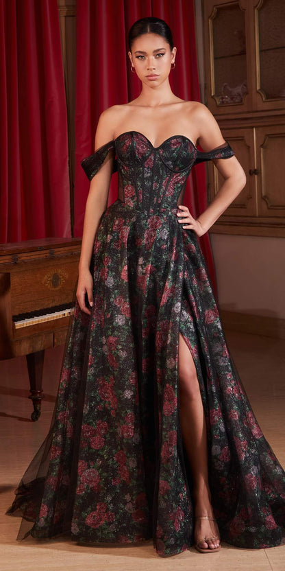 Ladivine CD806 Black Off The Shoulder Ball Gown With Floral Underlay by DiscountDressShop