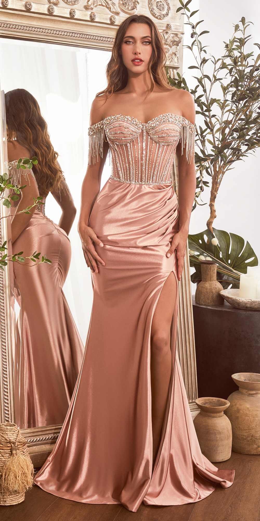 Ladivine CD821 Long Embellished Bodice Off the Shoulder Satin Gown by DiscountDressShop