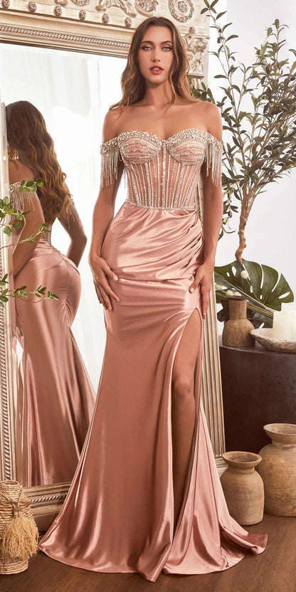 Ladivine CD821 Long Embellished Bodice Off the Shoulder Satin Gown by DiscountDressShop