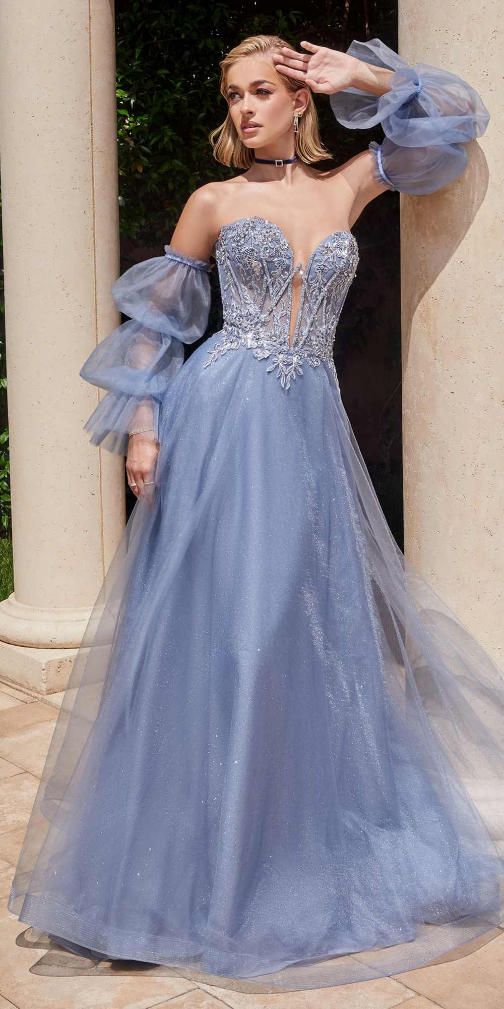 Ladivine CD830 Long Strapless Ball Gown with Removable Sleeves by DiscountDressShop