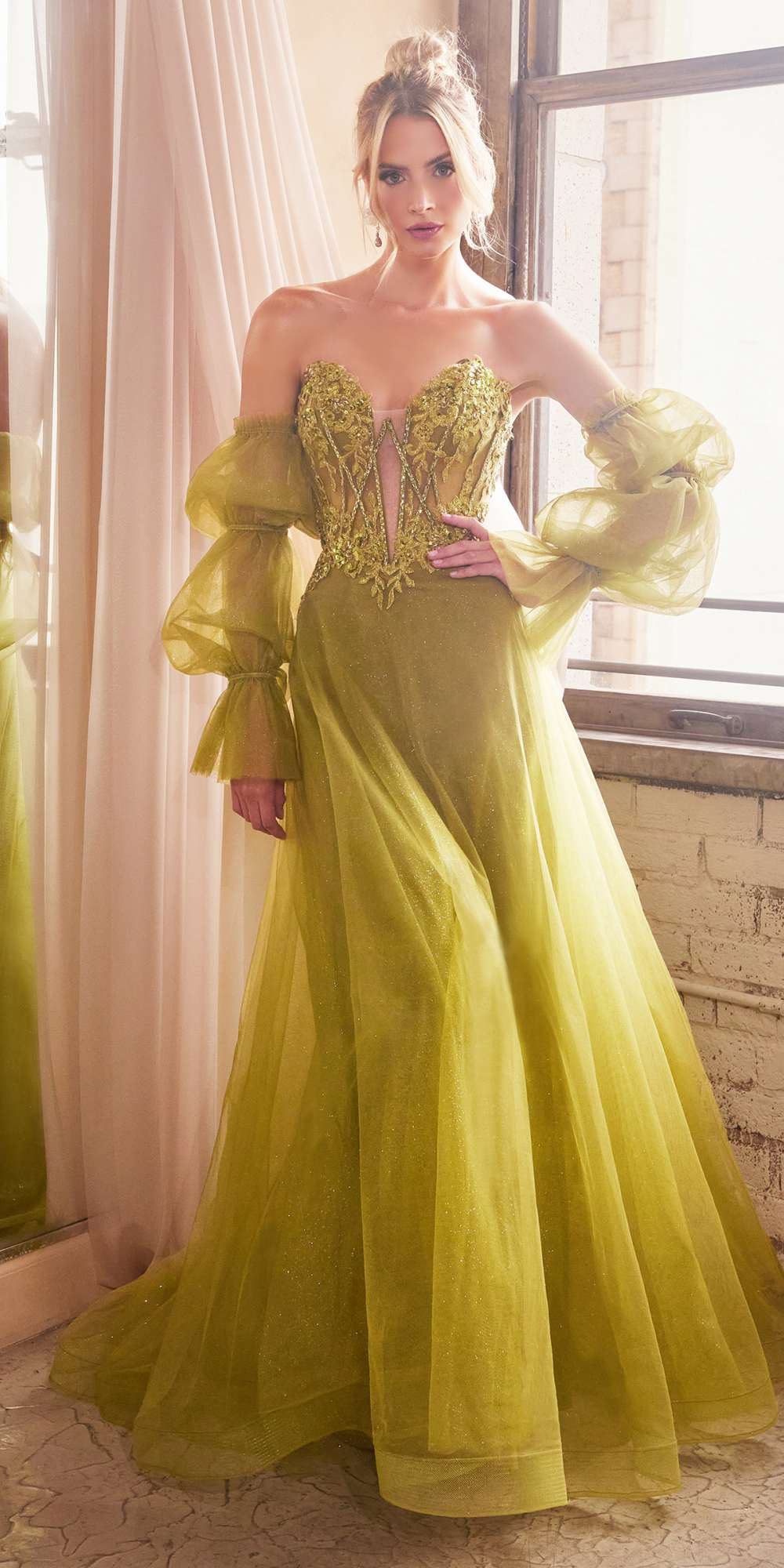 Ladivine CD830 Long Strapless Ball Gown with Removable Sleeves by DiscountDressShop