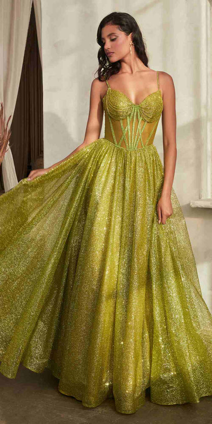 Ladivine CD832 Long Sheer Boned Bodice Glitter Flock Ball Gown by DiscountDressShop