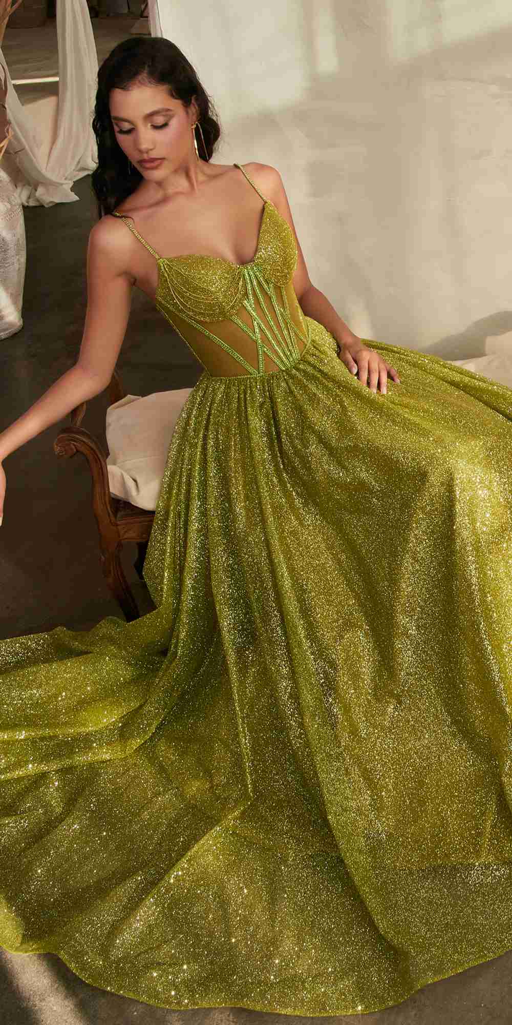 Ladivine CD832 Long Sheer Boned Bodice Glitter Flock Ball Gown by DiscountDressShop