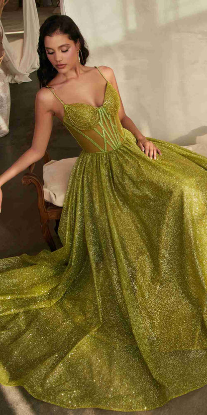Ladivine CD832 Long Sheer Boned Bodice Glitter Flock Ball Gown by DiscountDressShop
