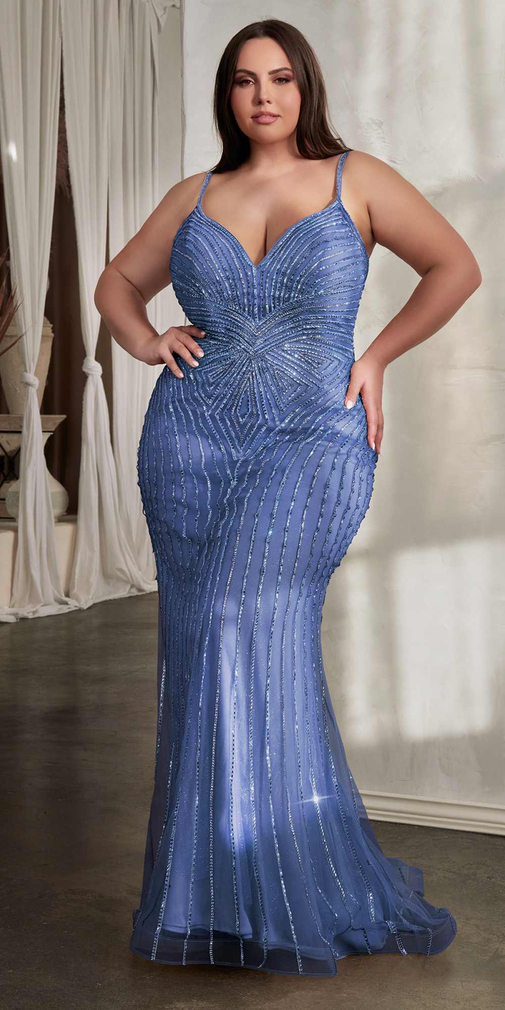 Ladivine CD845 Long Layered Tulle Embellished Rhinestone Gown by DiscountDressShop