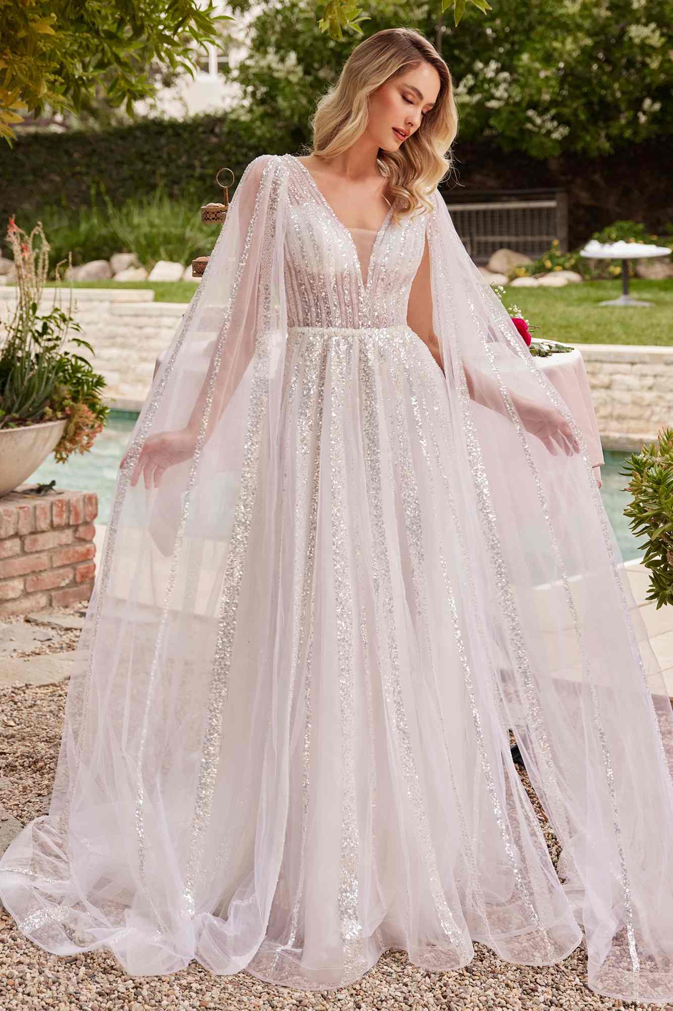 Ladivine CD852W Timeless A-Line Layered Tulle Long Sleeve Drape Wedding Gown by DiscountDressShop