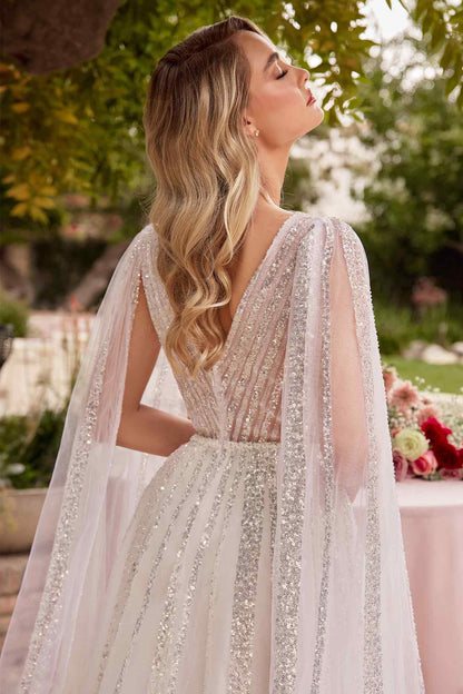 Ladivine CD852W Timeless A-Line Layered Tulle Long Sleeve Drape Wedding Gown by DiscountDressShop