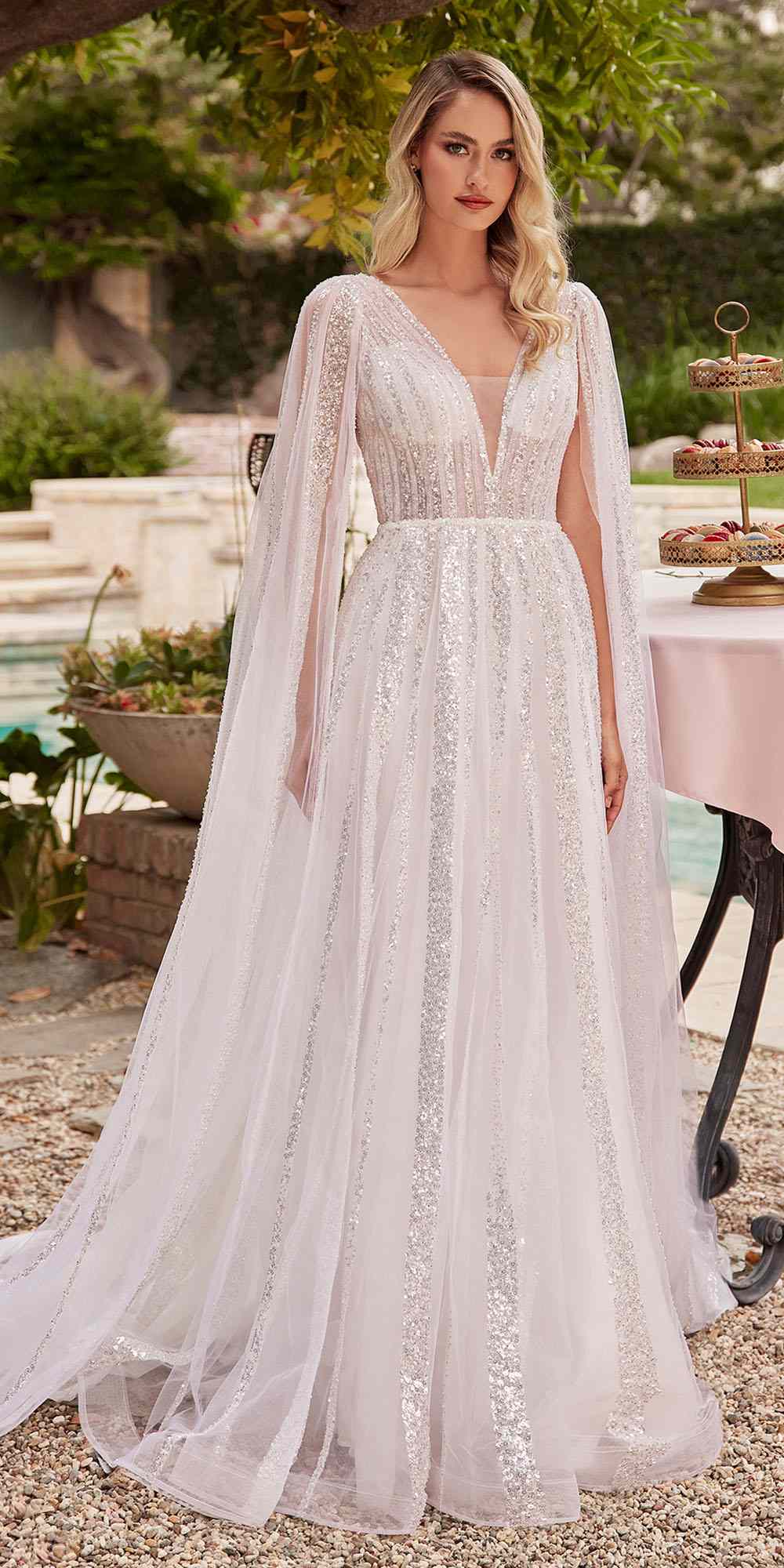 Ladivine CD852W Timeless A-Line Layered Tulle Long Sleeve Drape Wedding Gown by DiscountDressShop