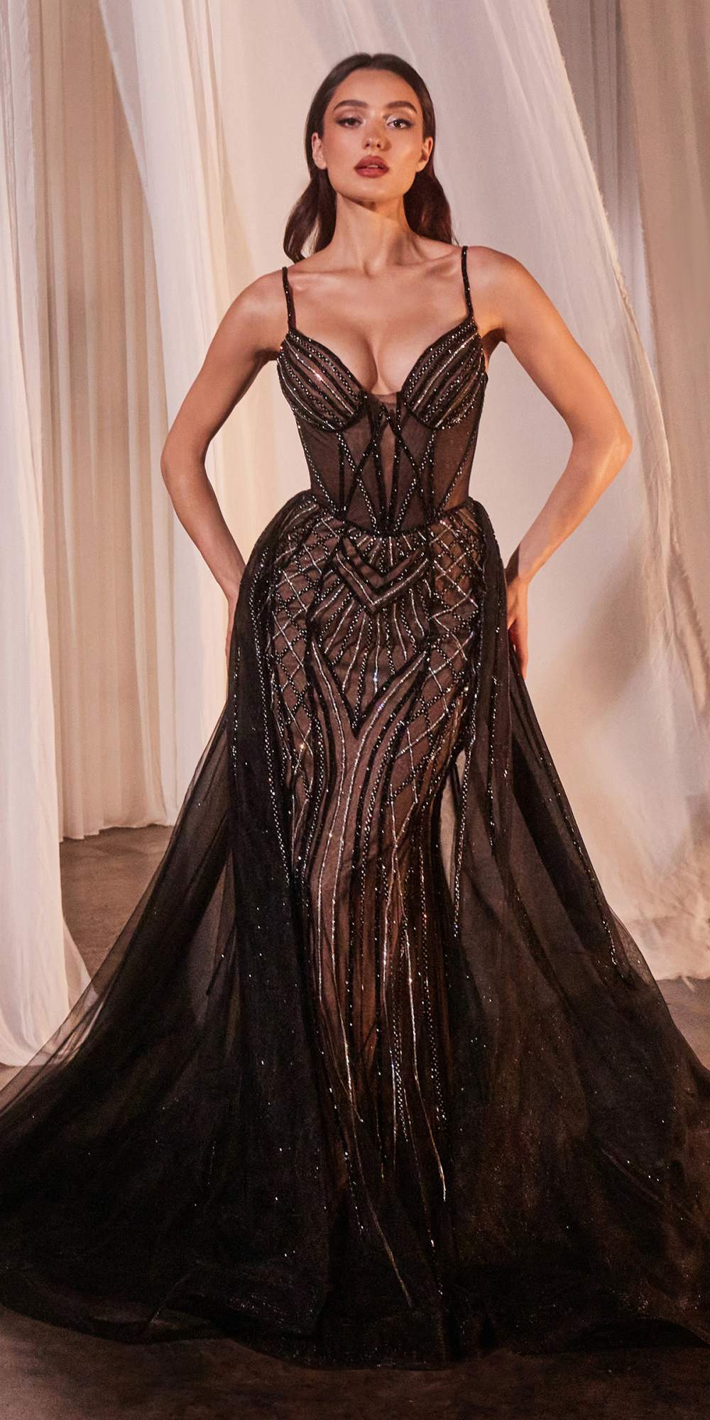 Ladivine CD863 Floor Length Fitted Beaded Tulle Fabric Red Carpet Gown by DiscountDressShop