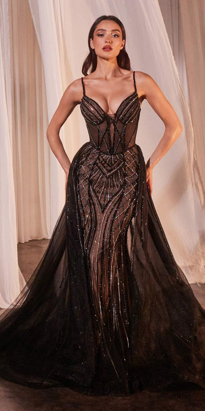 Ladivine CD863 Floor Length Fitted Beaded Tulle Fabric Red Carpet Gown by DiscountDressShop
