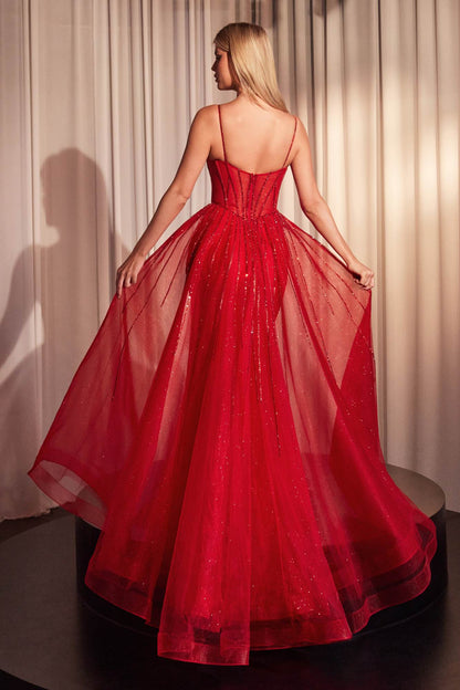 Ladivine CD863 Floor Length Fitted Beaded Tulle Fabric Red Carpet Gown by DiscountDressShop
