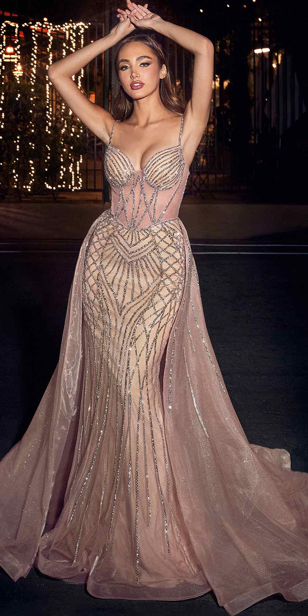 CLEARANCE - Ladivine CD863 Floor Length Fitted Beaded Tulle Rose Champagne Gown (Size 10) by DiscountDressShop