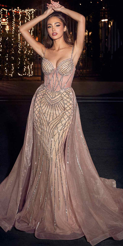 CLEARANCE - Ladivine CD863 Floor Length Fitted Beaded Tulle Rose Champagne Gown (Size 10) by DiscountDressShop
