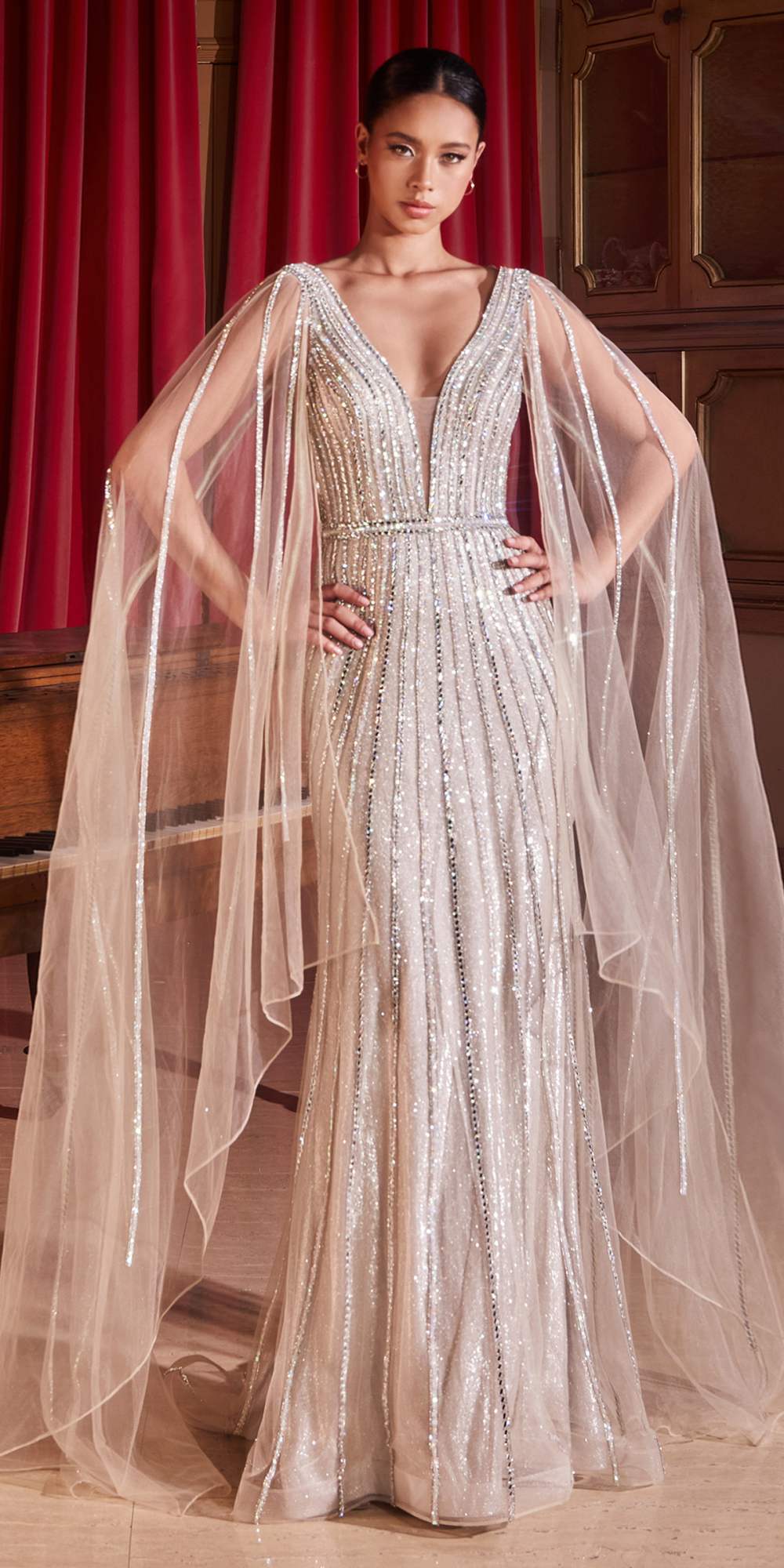 Ladivine CD865 Embellished Long Cape Sleeve Formal Gown by DiscountDressShop