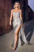 CLEARANCE - Ladivine CD868 Long Glamorous Lace Detailed Silver Gown Side Sash (Size 2) by DiscountDressShop