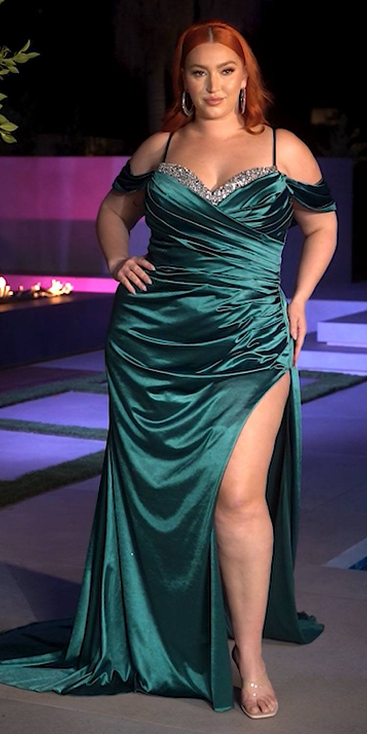 Ladivine CD875 Long Soft Satin Fitted Gown Off the Shoulder with Slit by DiscountDressShop