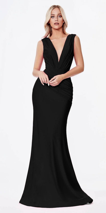 Cinderella Divine CD912 Fitted Jersey Gown Ruched Waistline Pleated Deep V-Neckline by DiscountDressShop