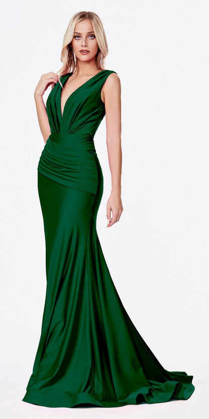Cinderella Divine CD912 Fitted Jersey Gown Ruched Waistline Pleated Deep V-Neckline by DiscountDressShop