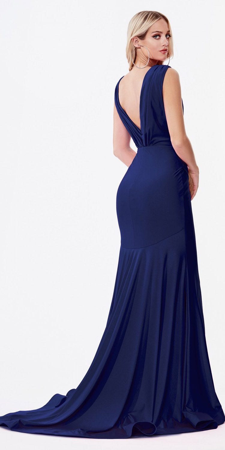 Cinderella Divine CD912 Fitted Jersey Gown Ruched Waistline Pleated Deep V-Neckline by DiscountDressShop