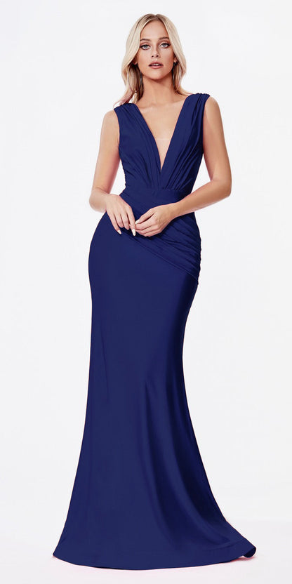 Cinderella Divine CD912 Fitted Jersey Gown Ruched Waistline Pleated Deep V-Neckline by DiscountDressShop