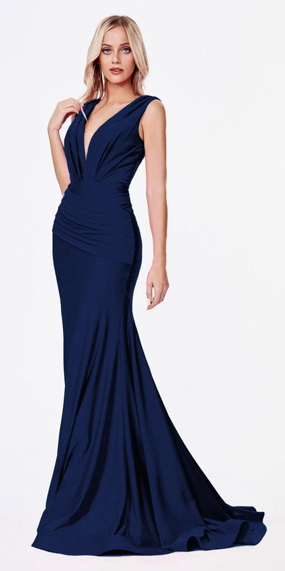 Cinderella Divine CD912 Fitted Jersey Gown Ruched Waistline Pleated Deep V-Neckline by DiscountDressShop