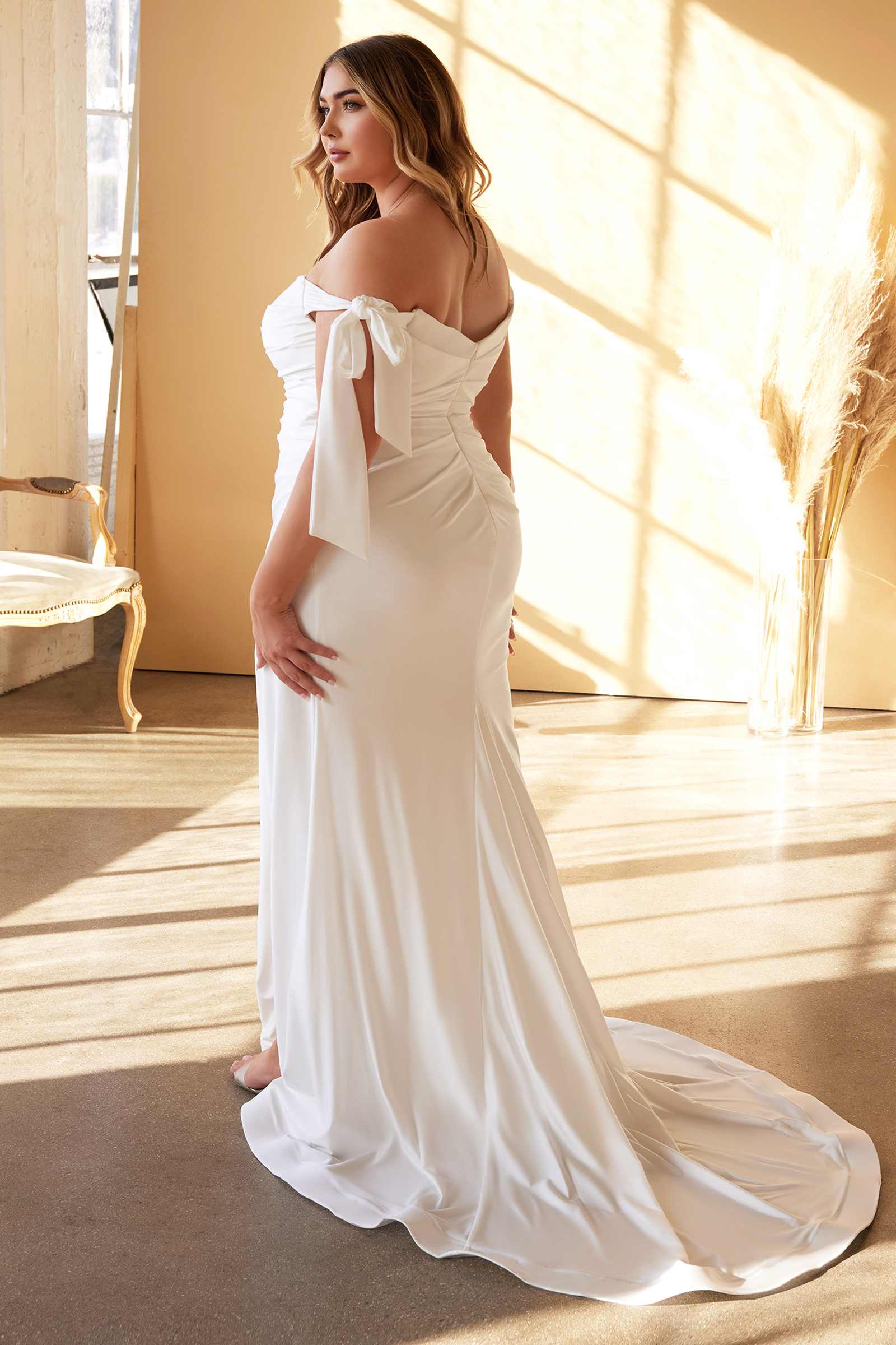 Cinderella Divine CD944WC Long Stretch Satin Gown Off The Shoulder Tie Sleeve by DiscountDressShop