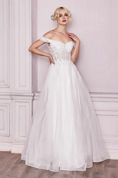 Cinderella Divine CD961W Long Lace Off the Shoulder Bridal Gown by DiscountDressShop
