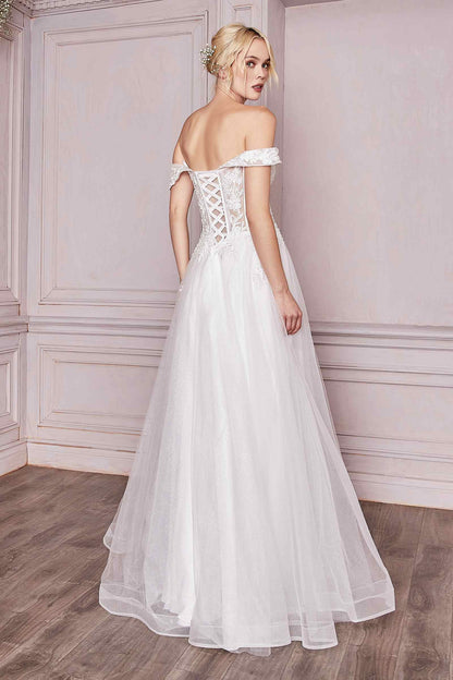 Cinderella Divine CD961W Long Lace Off the Shoulder Bridal Gown by DiscountDressShop