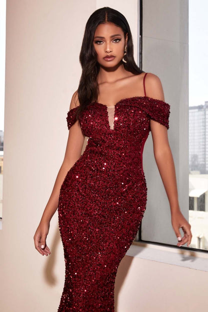 Cinderella Divine CD975 Long Off The Shoulder Sequin Mermaid Gown by DiscountDressShop