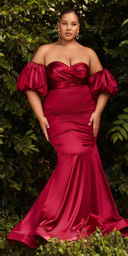 Cinderella Divine CD983 Long Fitted Satin Gown with Puff Sleeve by DiscountDressShop